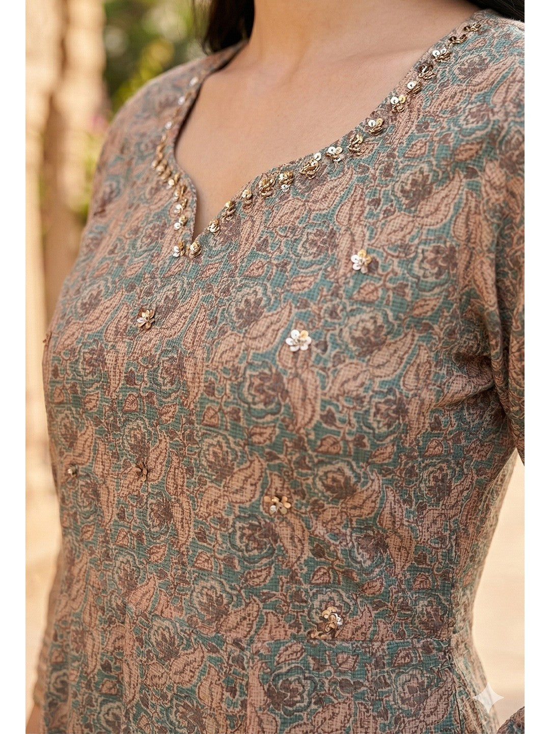 Peach Kota Doria Printed with Yoke Embellishment Salwar Suit Set with Dupatta - Image 2
