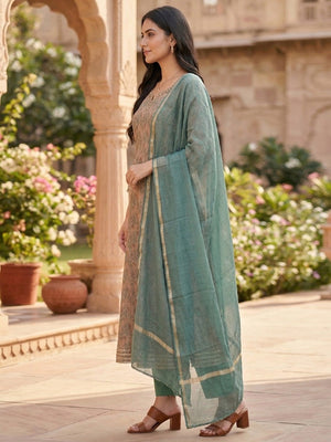 Peach Kota Doria Printed with Yoke Embellishment Salwar Suit Set with Dupatta - Image 2