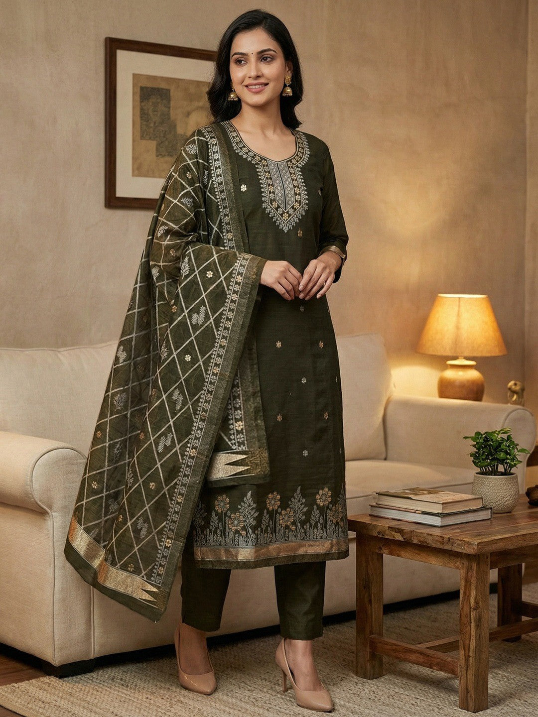 Premium Mehendi Green Floral Weaving Chanderi Silk Dress Material With Intricate Zari Work - Image 1