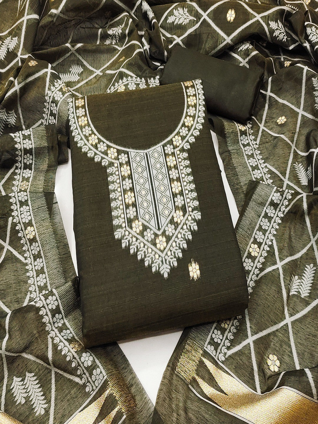 Premium Mehendi Green Floral Weaving Chanderi Silk Dress Material With Intricate Zari Work - Image 5
