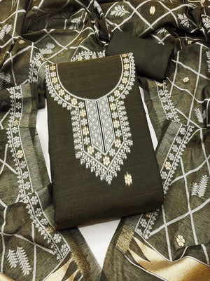 Premium Mehendi Green Floral Weaving Chanderi Silk Dress Material With Intricate Zari Work - Image 2