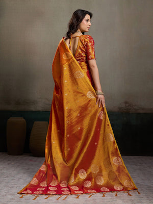Stylish Orange Tissue Saree with Fine Woven Floral Patterns and Glossy Finish - Image 2