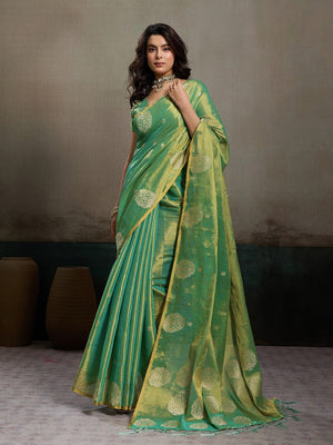 Stylish Green Tissue Saree with Fine Woven Floral Patterns and Glossy Finish - Image 1