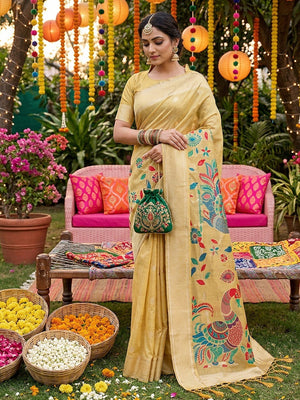 Classic Yellow Floral Weaving Tissue Saree Enhanced With Peacock Motif Pallu & Tassels  - Image 1