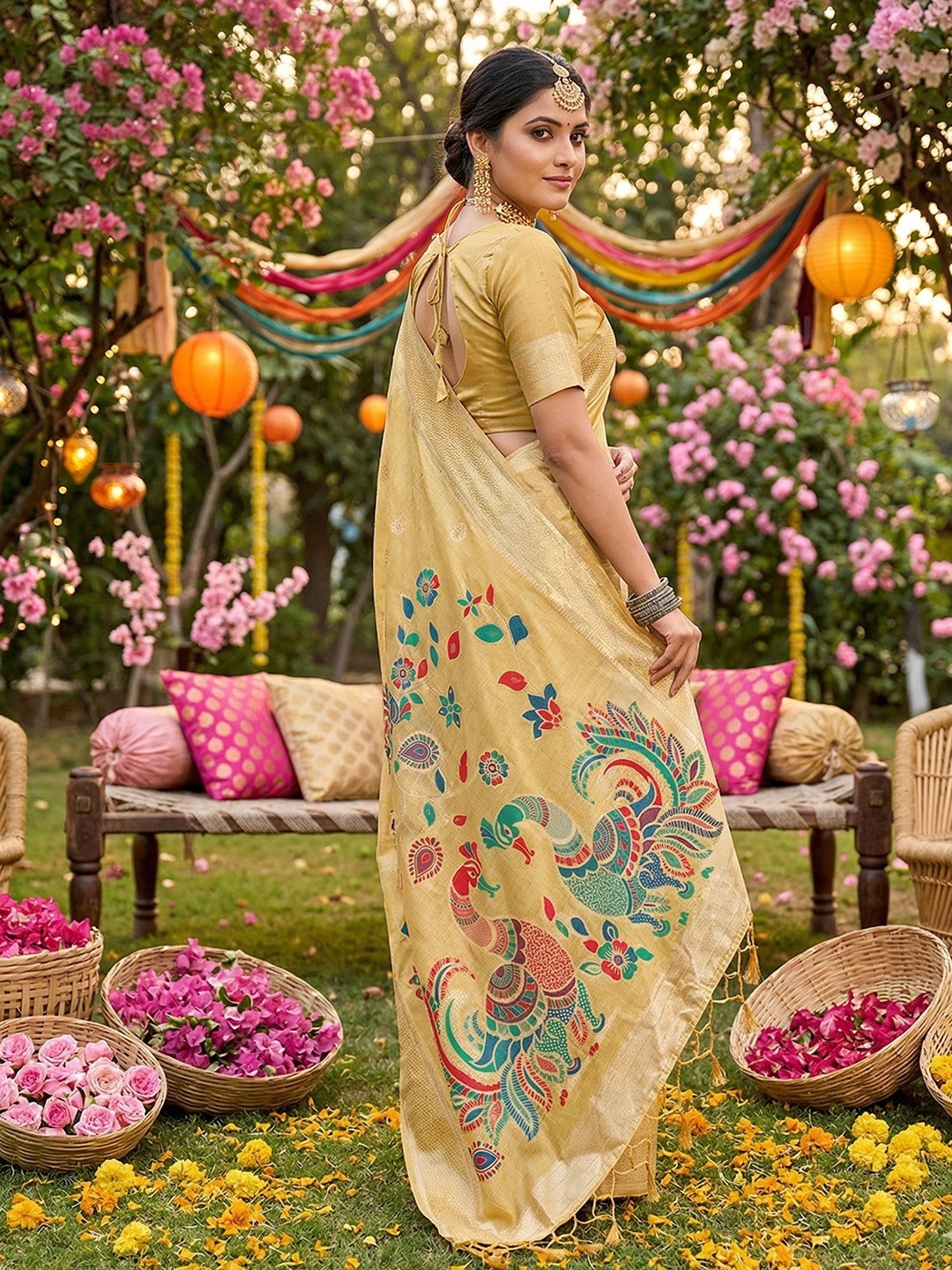 Classic Yellow Floral Weaving Tissue Saree Enhanced With Peacock Motif Pallu & Tassels  - Image 2