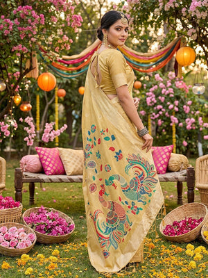 Classic Yellow Floral Weaving Tissue Saree Enhanced With Peacock Motif Pallu & Tassels  - Image 2