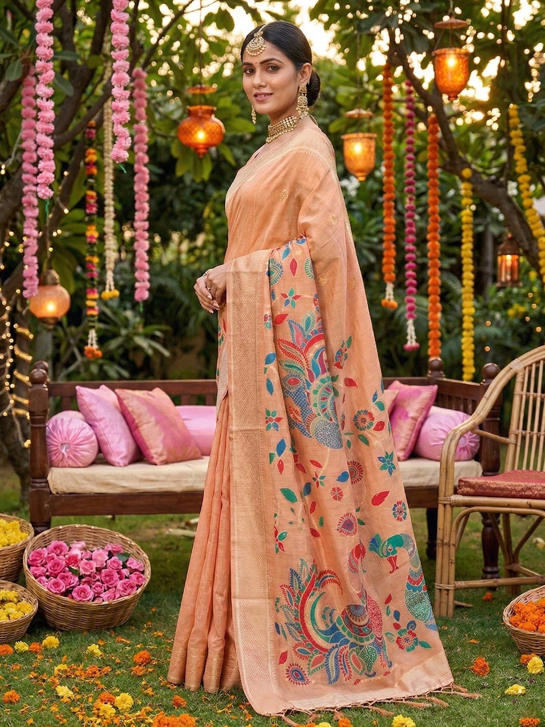 Classic Peach Floral Weaving Tissue Saree Enhanced With Peacock Motif Pallu & Tassels  - Image 2