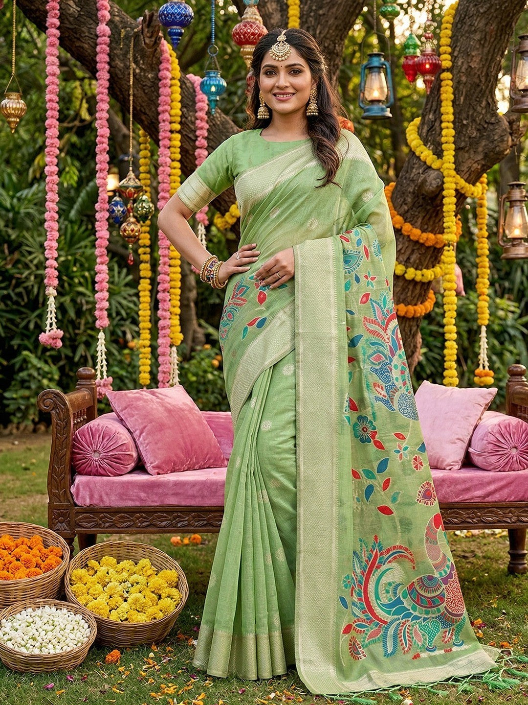 Classic Green Floral Weaving Tissue Saree Enhanced With Peacock Motif Pallu & Tassels  - Image 1