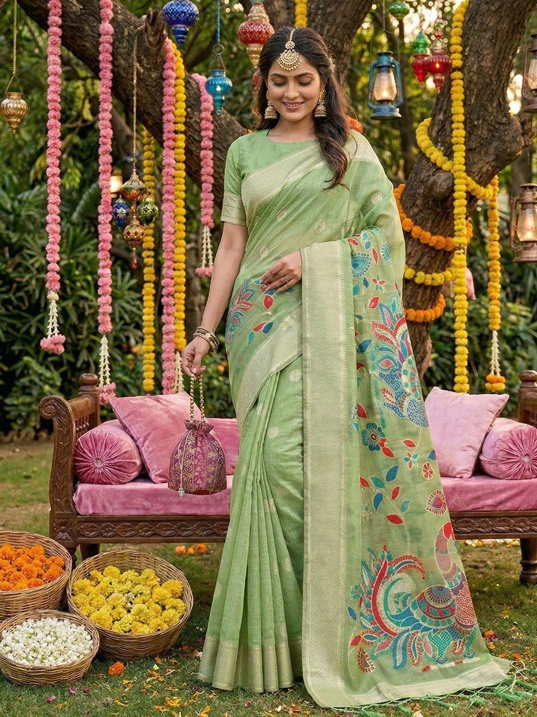 Classic Green Floral Weaving Tissue Saree Enhanced With Peacock Motif Pallu & Tassels  - Image 3