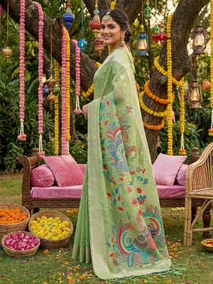 Classic Green Floral Weaving Tissue Saree Enhanced With Peacock Motif Pallu & Tassels  - Image 2