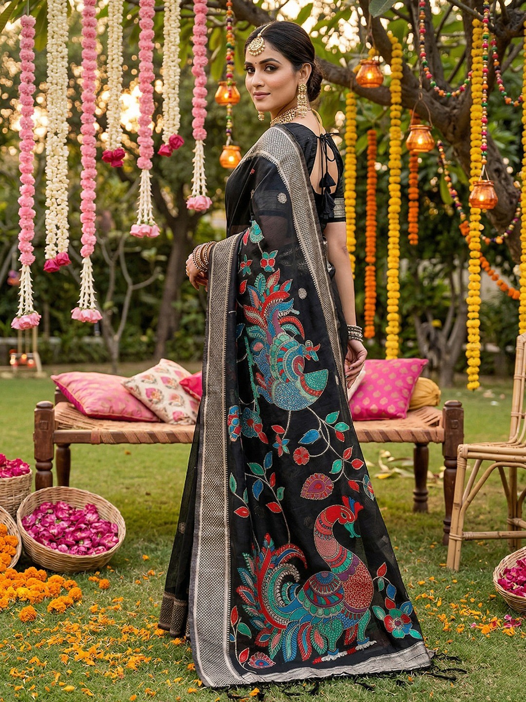 Classic Black Floral Weaving Tissue Saree Enhanced With Peacock Motif Pallu & Tassels  - Image 3