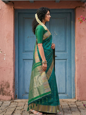 Premium Green Silk Blend Saree with Fine Golden Woven Border Detailing - Image 2