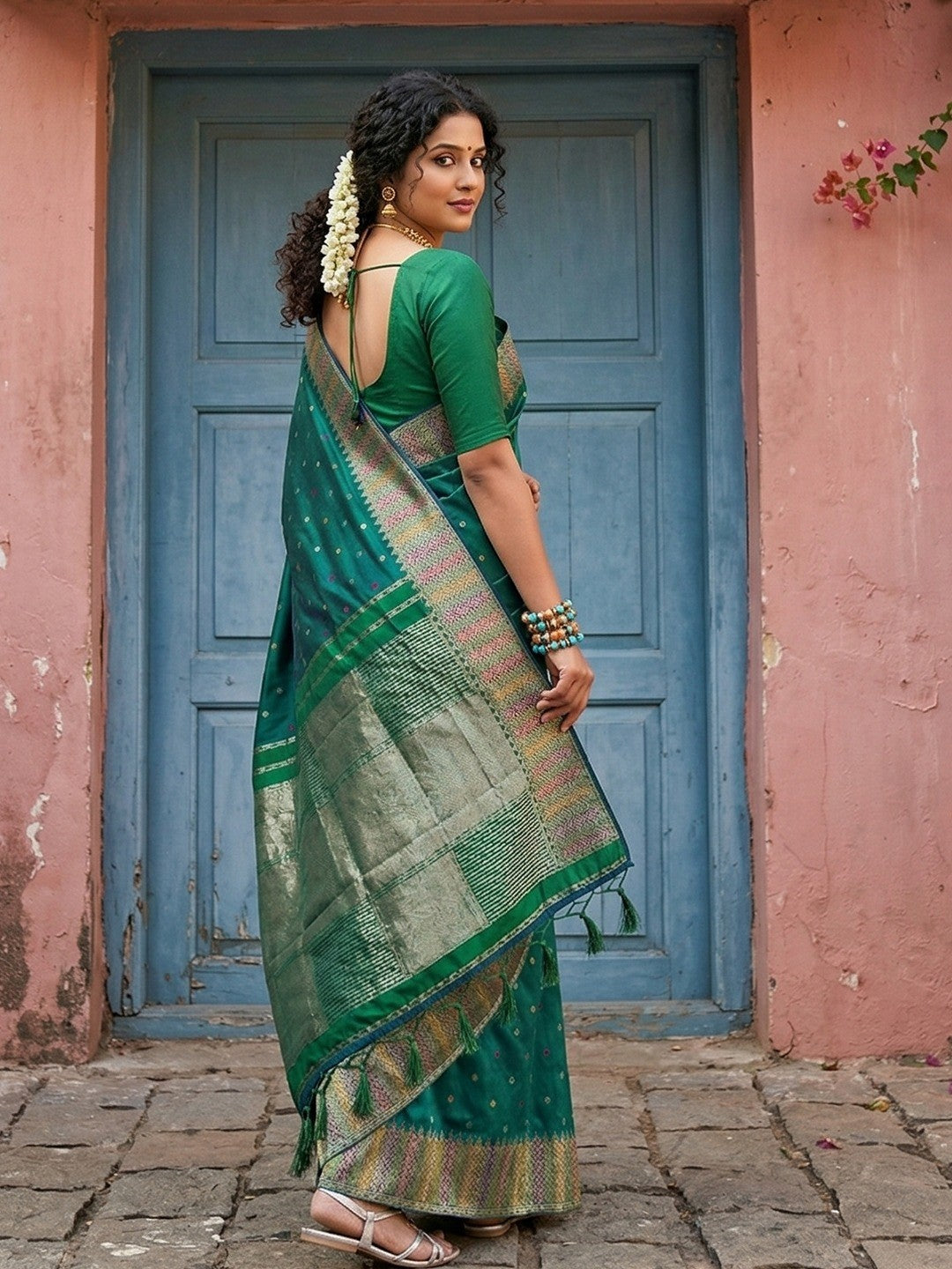 Premium Green Silk Blend Saree with Fine Golden Woven Border Detailing - Image 3