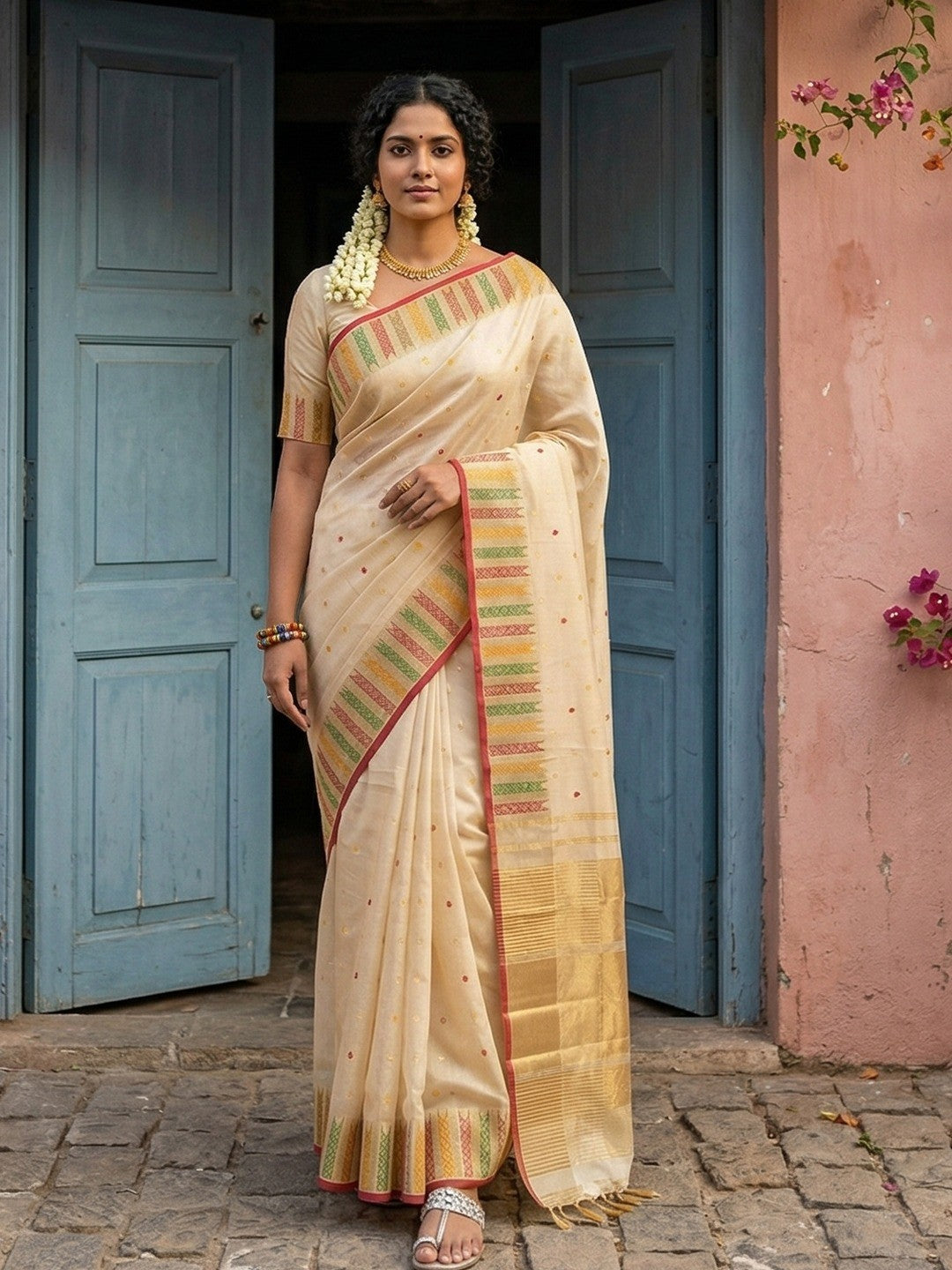 Premium Cream Silk Blend Saree with Fine Golden Woven Border Detailing - Image 1