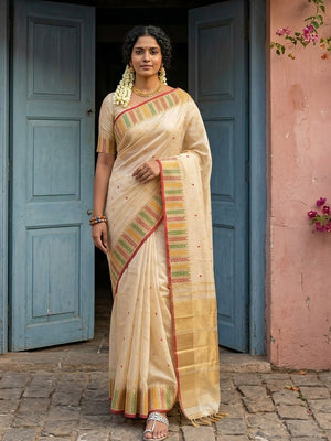Premium Cream Silk Blend Saree with Fine Golden Woven Border Detailing - Image 1