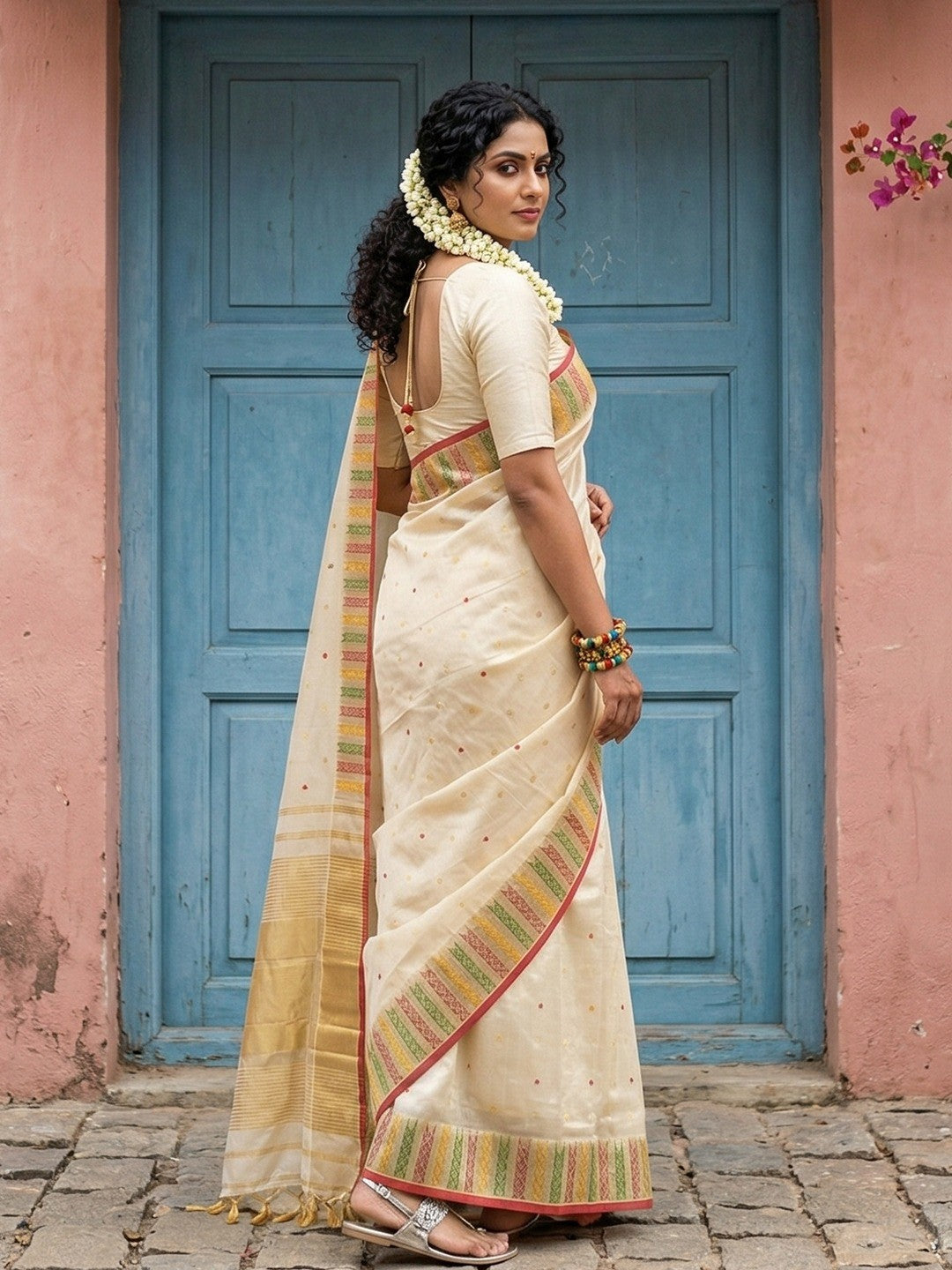 Premium Cream Silk Blend Saree with Fine Golden Woven Border Detailing - Image 2
