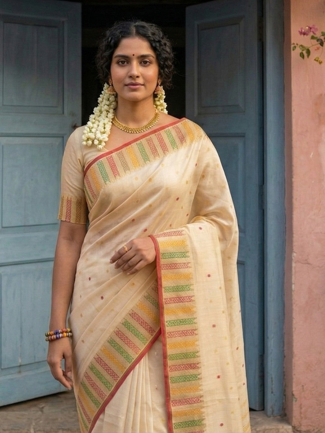 Premium Cream Silk Blend Saree with Fine Golden Woven Border Detailing - Image 3
