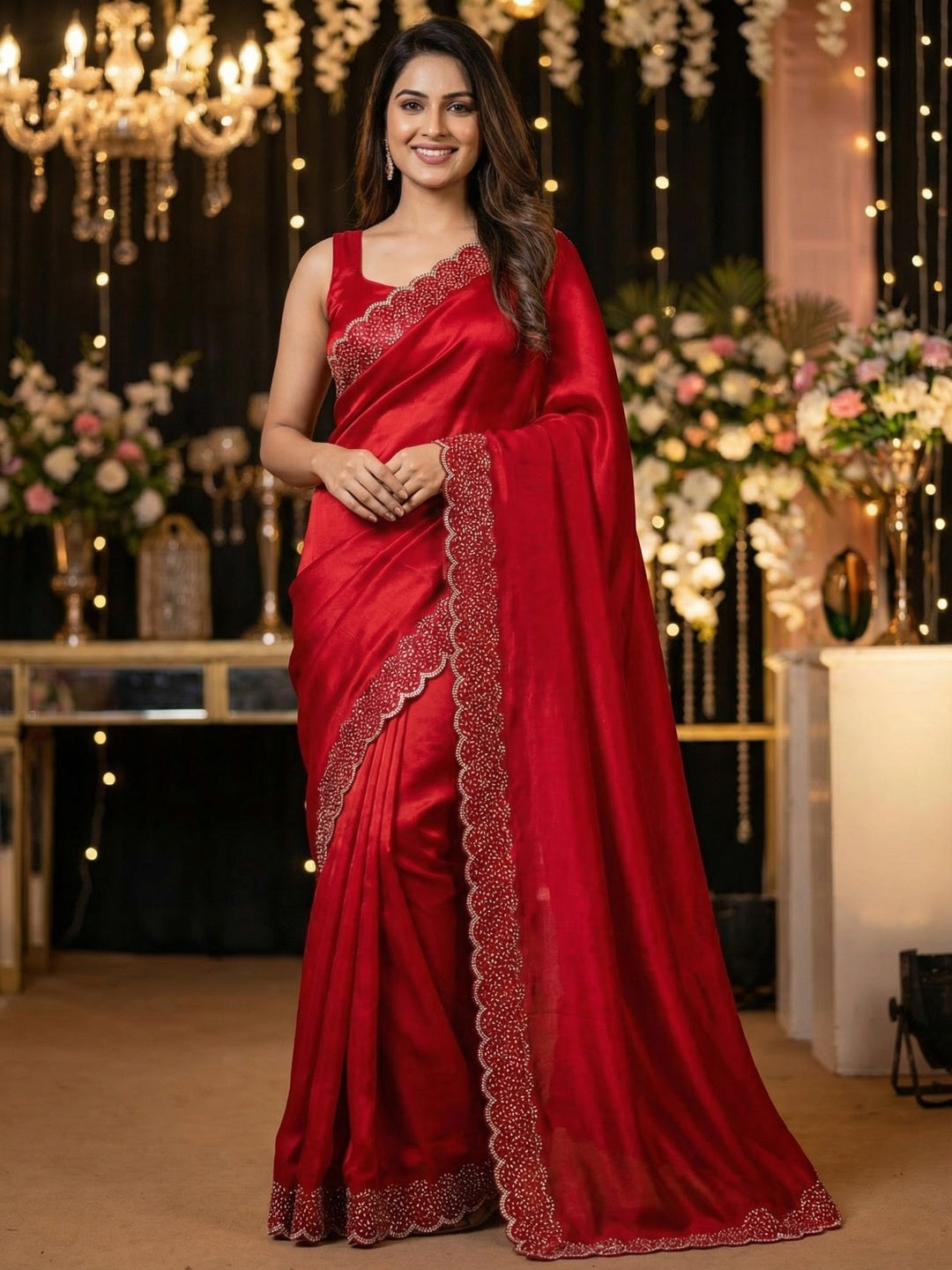 Red Satin Saree with Handcrafted Stone Work Embellished Border - Image 1