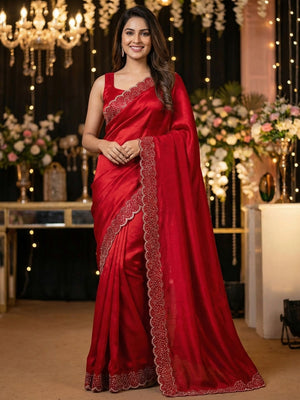Red Satin Saree with Handcrafted Stone Work Embellished Border - Image 1