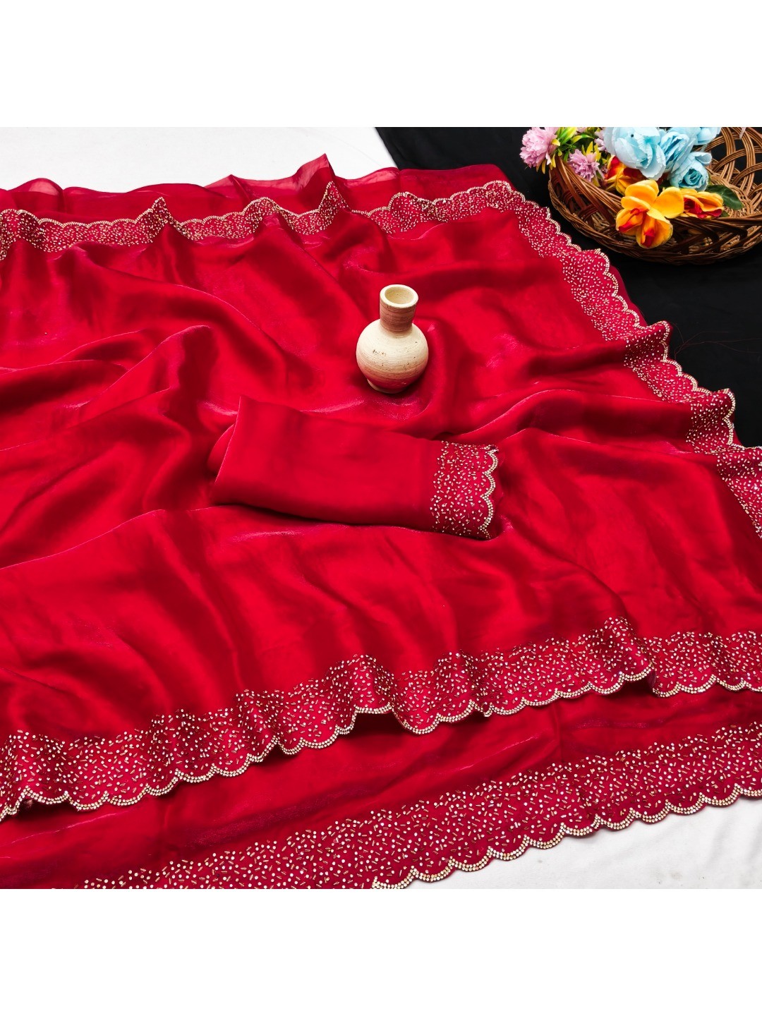 Red Satin Saree with Handcrafted Stone Work Embellished Border - Image 2