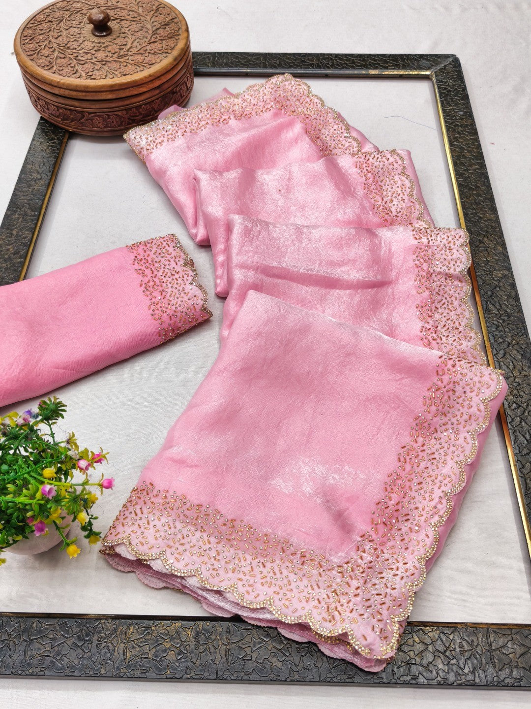 Baby Pink Satin Saree with Handcrafted Stone Work Embellished Border - Image 3