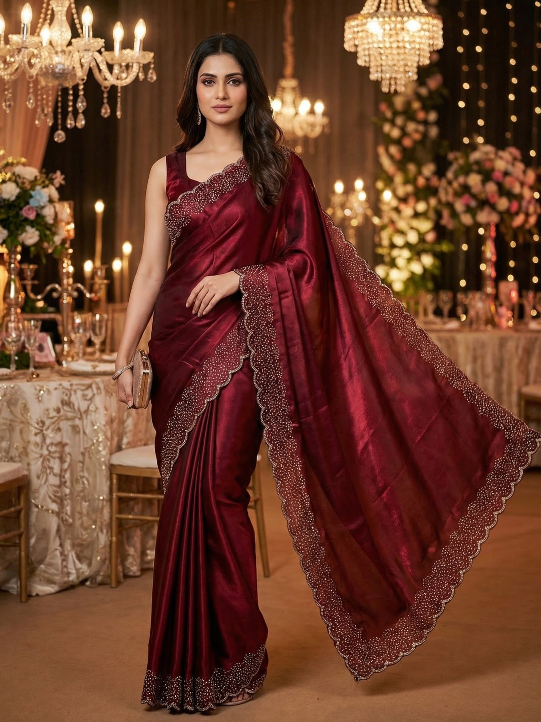 Maroon Satin Saree with Handcrafted Stone Work Embellished Border - Image 1