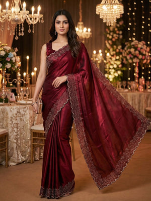 Maroon Satin Saree with Handcrafted Stone Work Embellished Border - Image 1