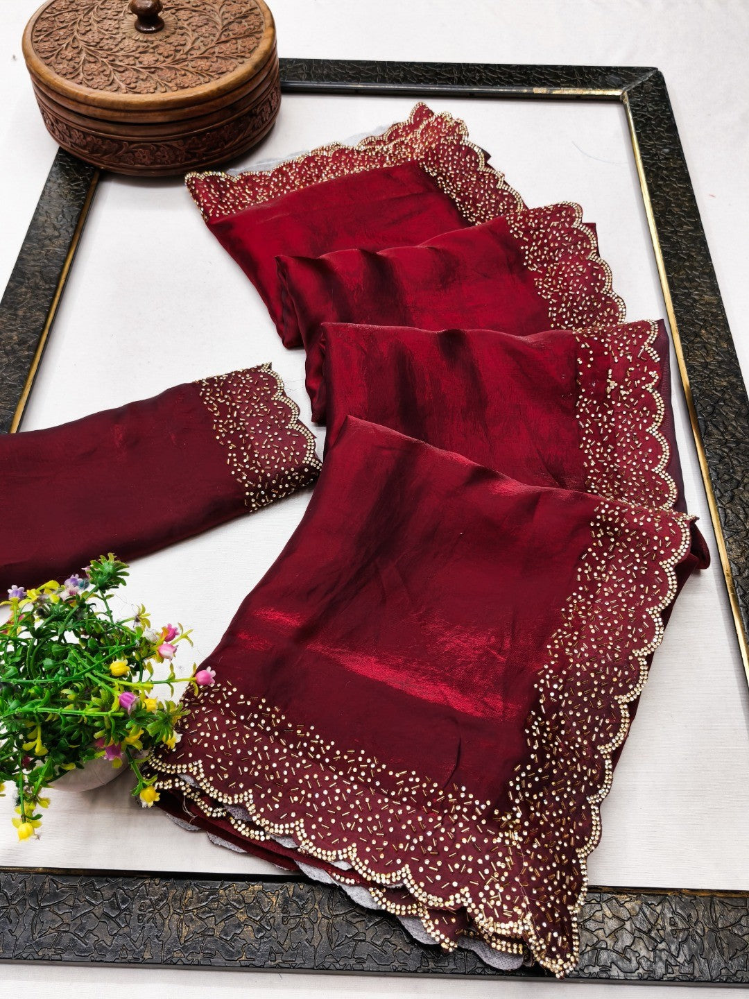 Maroon Satin Saree with Handcrafted Stone Work Embellished Border - Image 3
