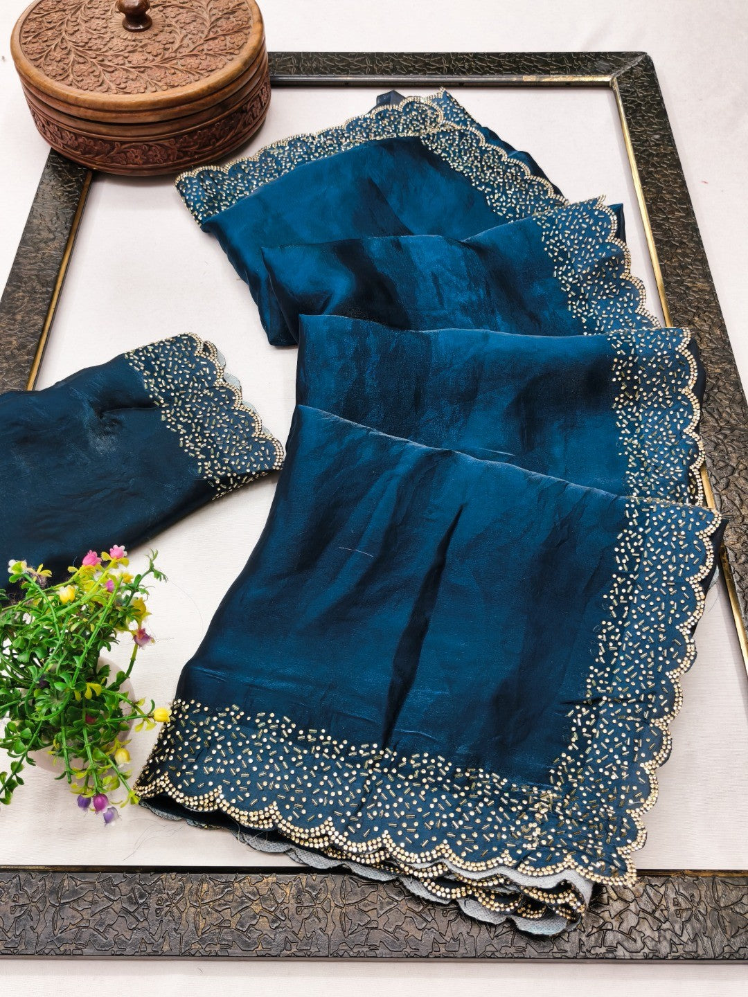 Teal Satin Saree with Handcrafted Stone Work Embellished Border - Image 3