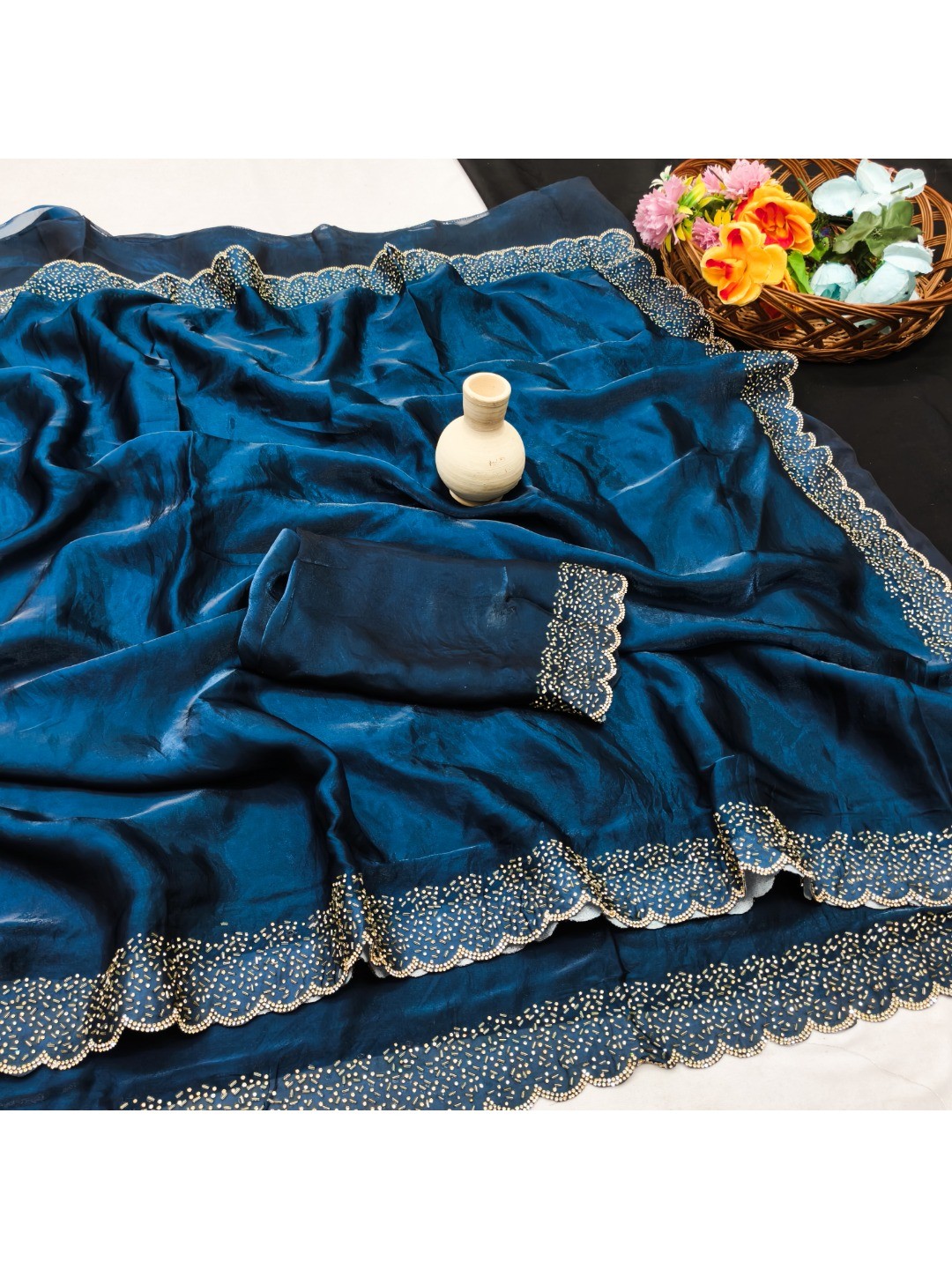Teal Satin Saree with Handcrafted Stone Work Embellished Border - Image 2