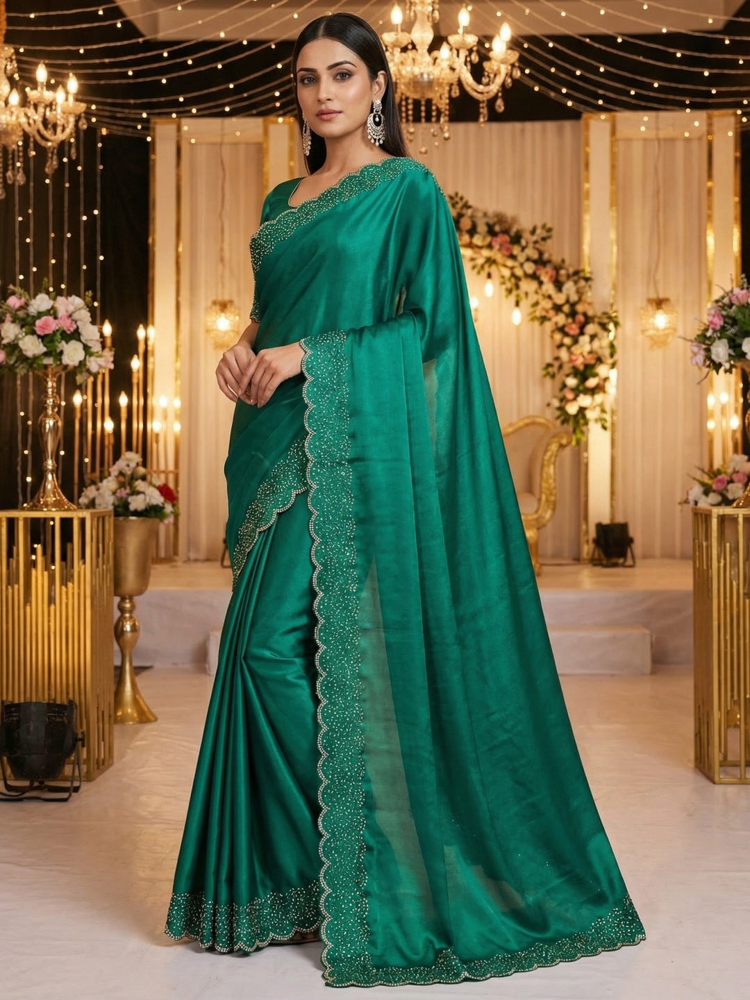 Emerald Green Satin Saree with Handcrafted Stone Work Embellished Border - Image 1