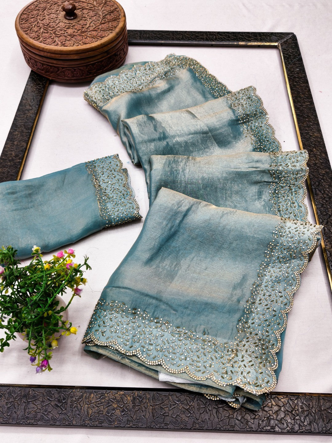 Dusty Teal Satin Saree with Handcrafted Stone Work Embellished Border - Image 3
