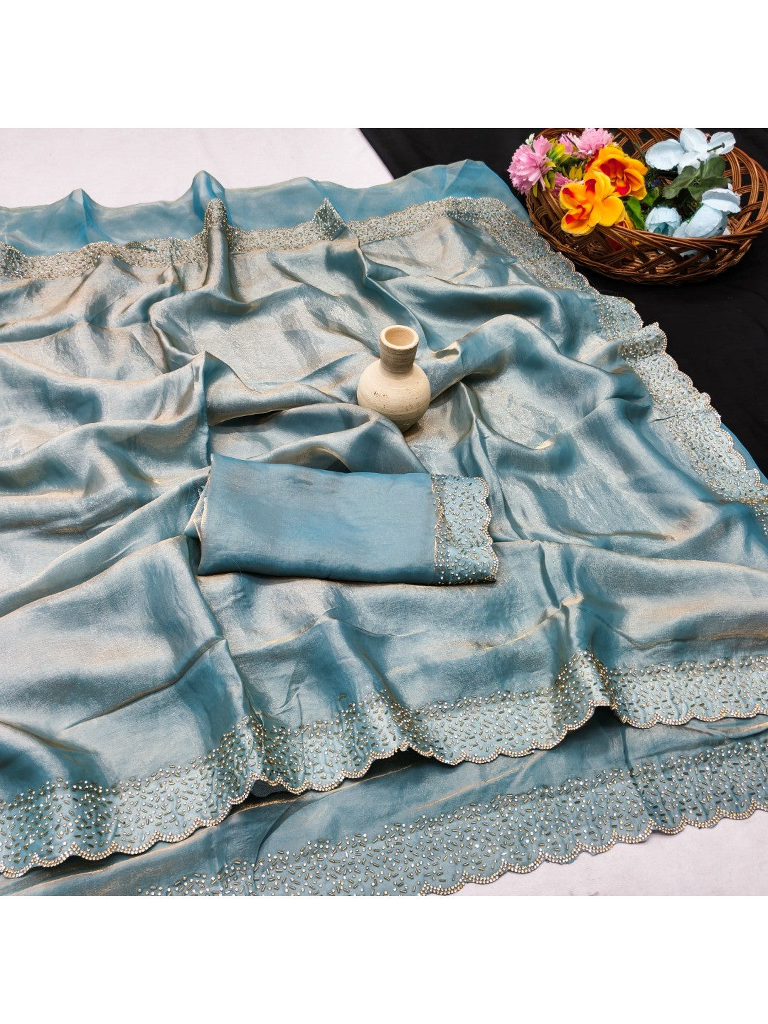 Dusty Teal Satin Saree with Handcrafted Stone Work Embellished Border - Image 2