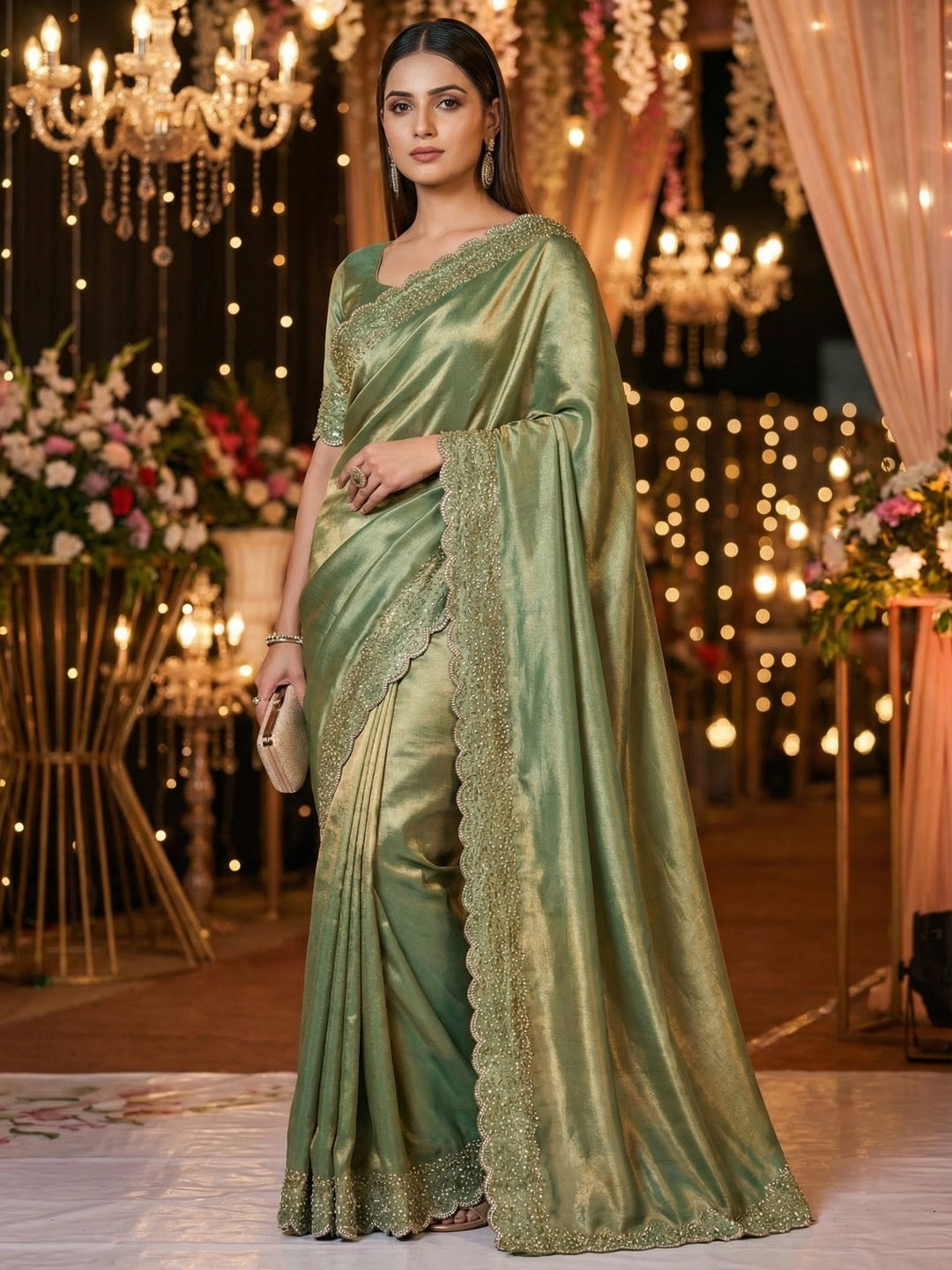 Sage Green Satin Saree with Handcrafted Stone Work Embellished Border - Image 1