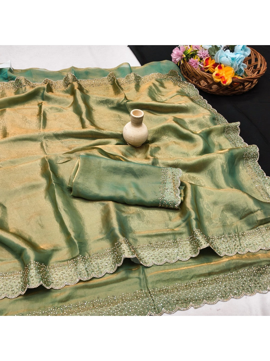 Sage Green Satin Saree with Handcrafted Stone Work Embellished Border - Image 2