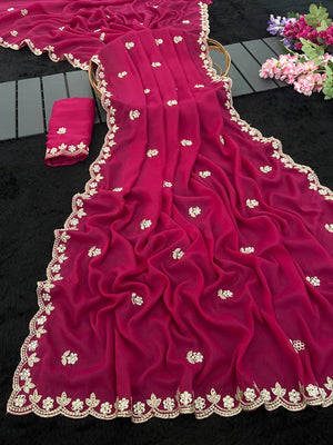 Elegant Pink Georgette Saree Embellished With Floral Zari Embroidery & Intricate Moti Work - Image 2