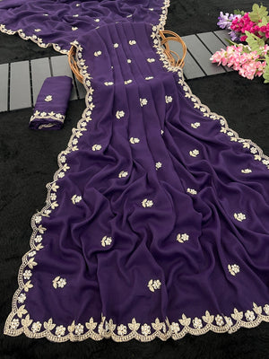 Elegant Purple Georgette Saree Embellished With Floral Zari Embroidery & Intricate Moti Work - Image 2