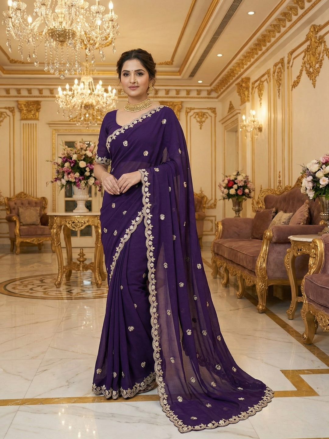 Elegant Purple Georgette Saree Embellished With Floral Zari Embroidery & Intricate Moti Work - Image 1