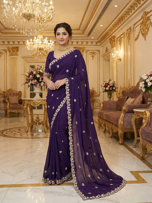 Elegant Purple Georgette Saree Embellished With Floral Zari Embroidery & Intricate Moti Work - Image 1