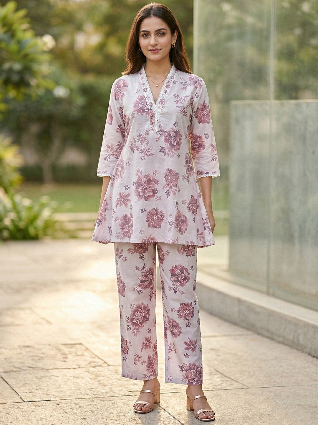 Pink Floral Print Linen Two Piece Set with Modern Patterns and Soft Feel - Image 1