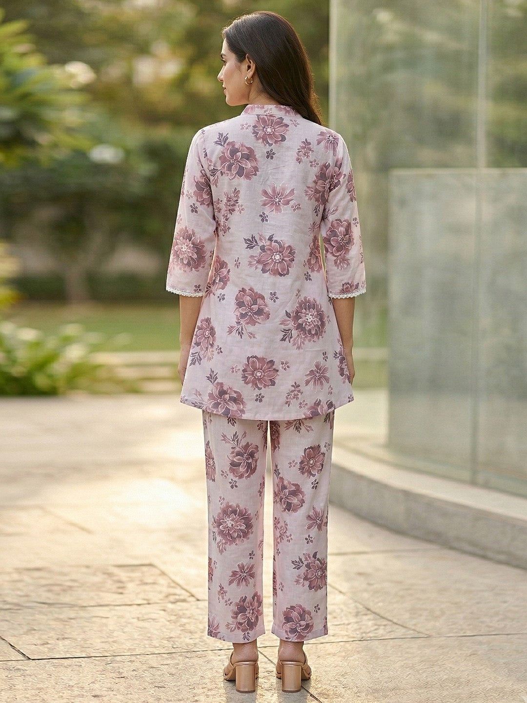 Pink Floral Print Linen Two Piece Set with Modern Patterns and Soft Feel - Image 3
