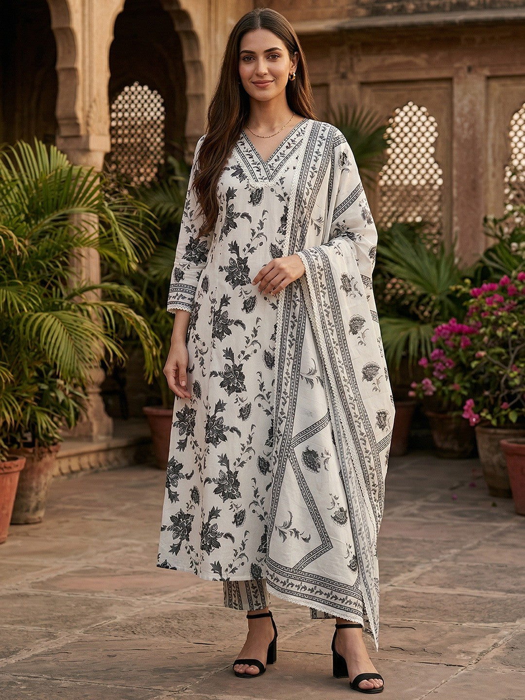 Offwhite & Grey Floral Printed Cotton Blend Salwar Suit with Dupatta - Image 1