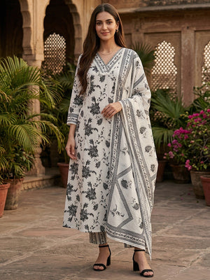 Offwhite & Grey Floral Printed Cotton Blend Salwar Suit with Dupatta - Image 1