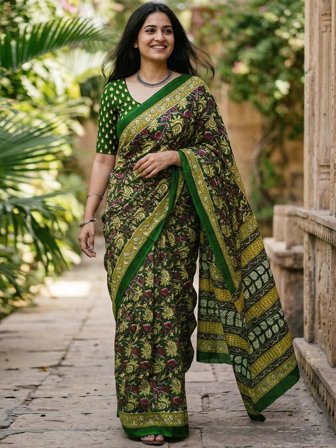 Designer Green Floral Print Mulmul Cotton Saree With Refined Work - Image 1