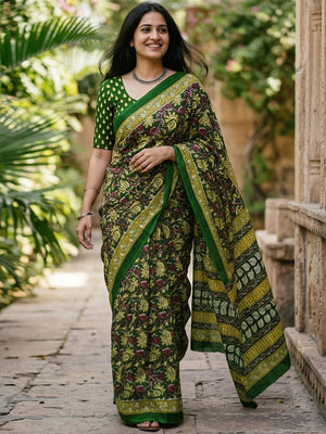 Designer Green Floral Print Mulmul Cotton Saree With Refined Work - Image 1