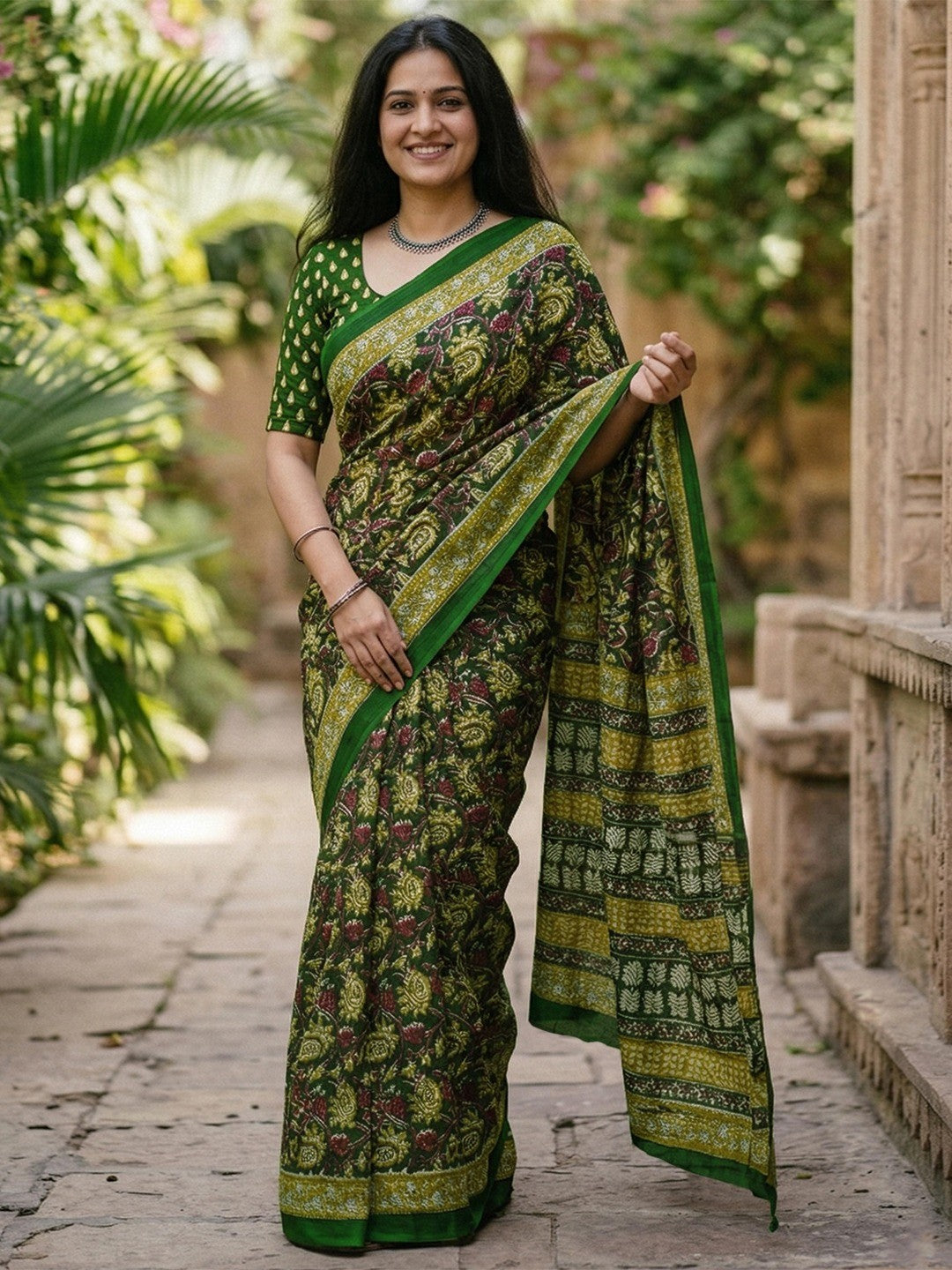 Designer Green Floral Print Mulmul Cotton Saree With Refined Work - Image 3