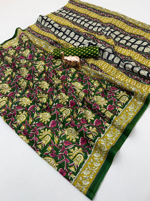 Designer Green Floral Print Mulmul Cotton Saree With Refined Work - Image 2