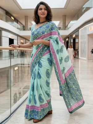 Graceful Turquoise & Blue Floral Printed Mulmul Cotton Saree With Paisley Motif - Image 2