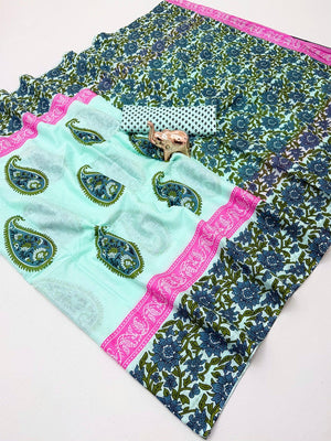 Graceful Turquoise & Blue Floral Printed Mulmul Cotton Saree With Paisley Motif - Image 2