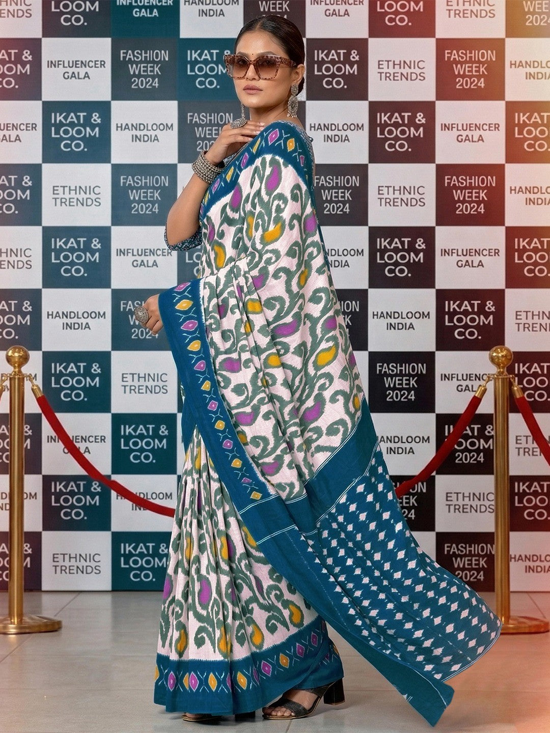 Charming Blue & White Ikkat Printed Mulmul Cotton Saree With Subtle Work - Image 3
